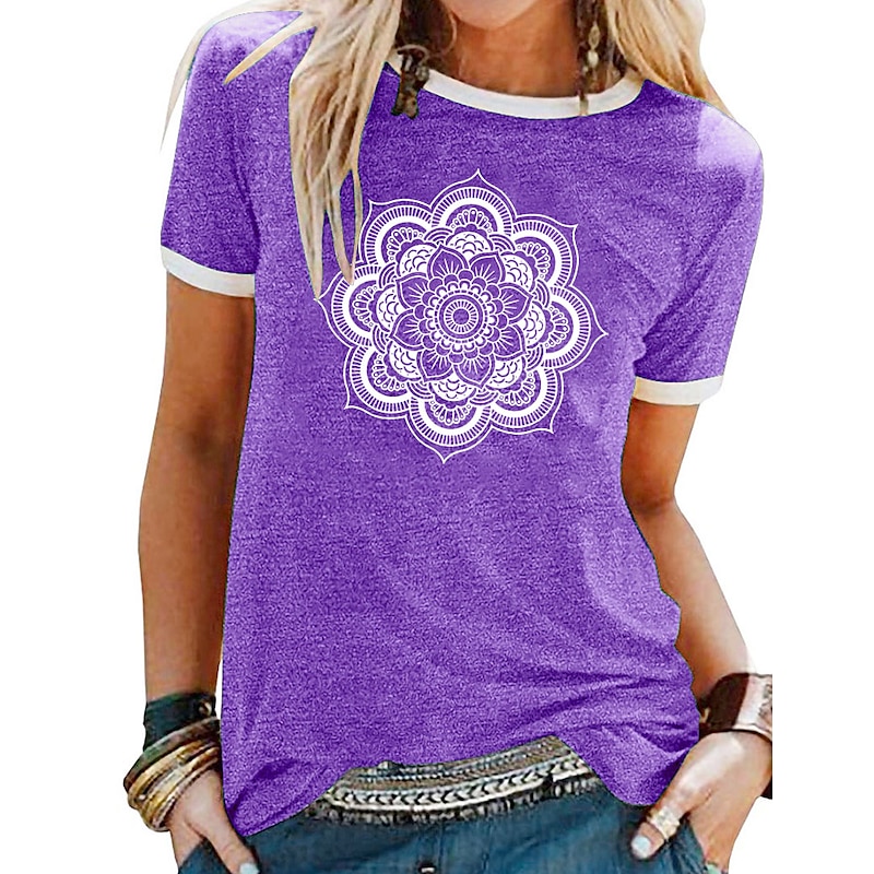 Floral Patchwork Print Short Sleeve T-shirt for Weekend Casual Wear
